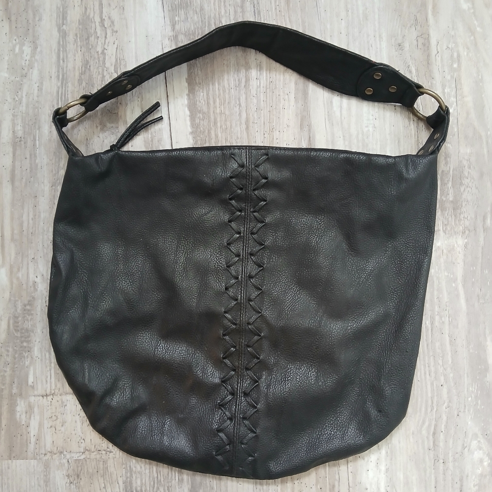 Roxy Black Faux Leather Shoulder Hobo Bag — Boho Embroidered Strap, Slouchy Soft
